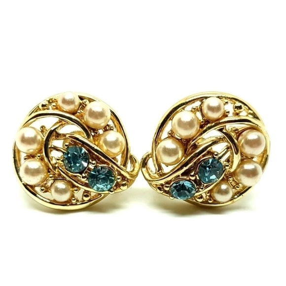 Mint Vintage 1950s Coro Craft Blue Rhinestone Faux Pearl Screw Back Earrings - Picture 10 of 13